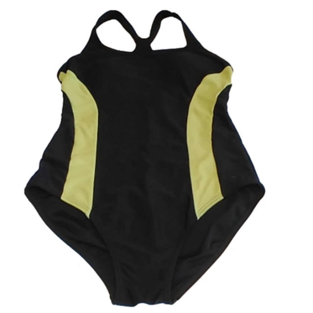 2/25 ROOTS One Piece Black Bathing Suit Racer Back Yellow Stripe Sides EUC Sz 6